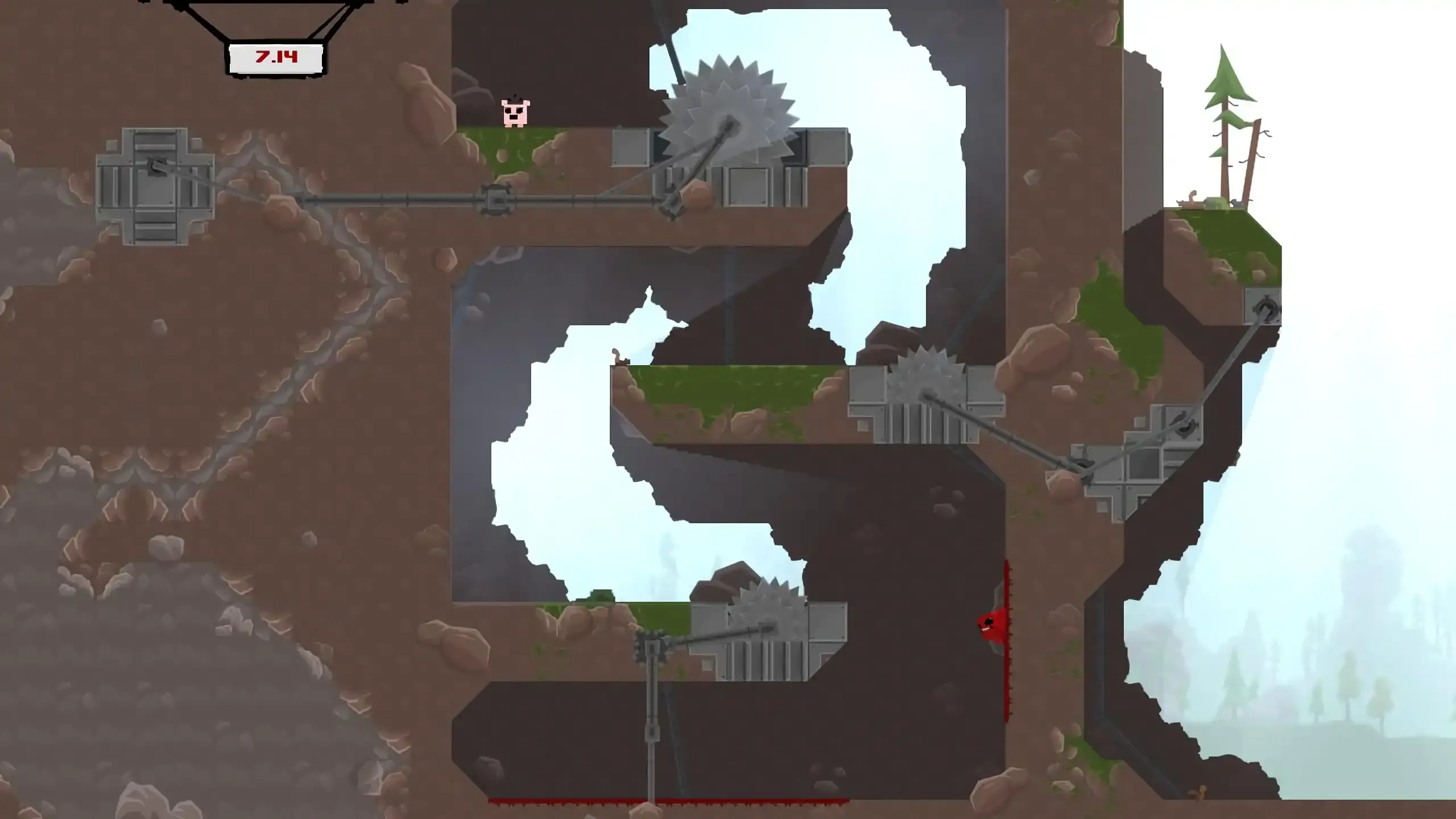 Super Meat Boy, khối thịt đỏ, trượt xuống tường tránh lưỡi cưa trong game platformer tốc độ cao