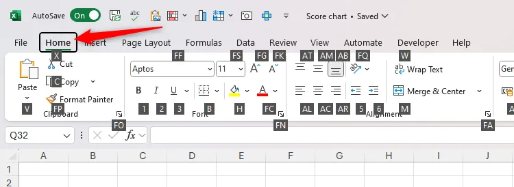 Tab Home trên thanh Ribbon của Excel, với các tùy chọn Alt đã được kích hoạt hiển thị các phím tắt nhanh.