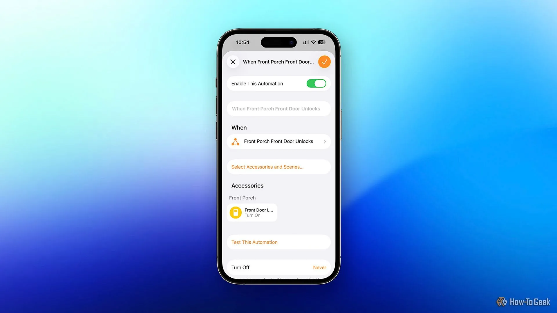Tạo tự động hóa HomeKit giúp bật công tắc ảo khi cửa thông minh được mở khóa.