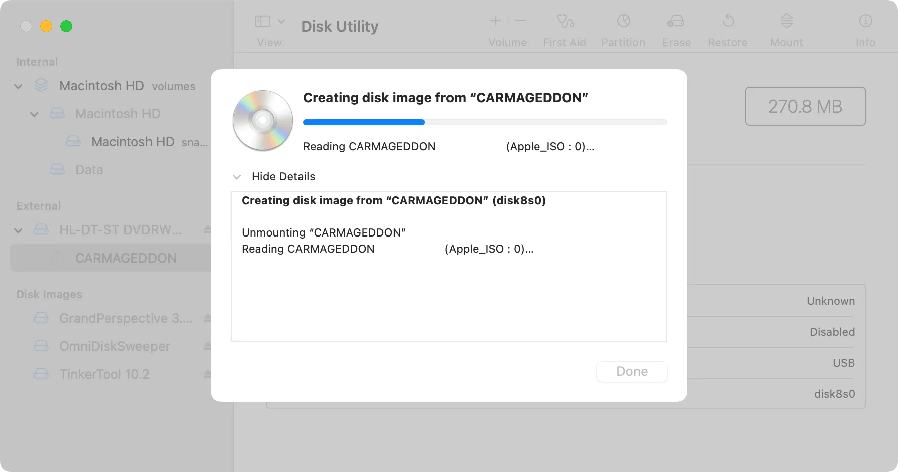 Thanh tiến trình hiển thị quá trình tạo file ảnh đĩa CDR trong Disk Utility