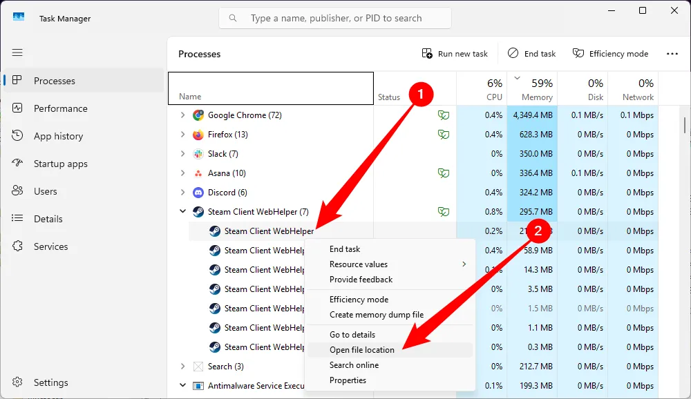 Thao tác chọn 'Mở vị trí tệp' (Show File Location) từ menu chuột phải của một tiến trình trong Task Manager, giúp người dùng định vị và kiểm tra các tệp đáng ngờ liên quan đến mã độc.