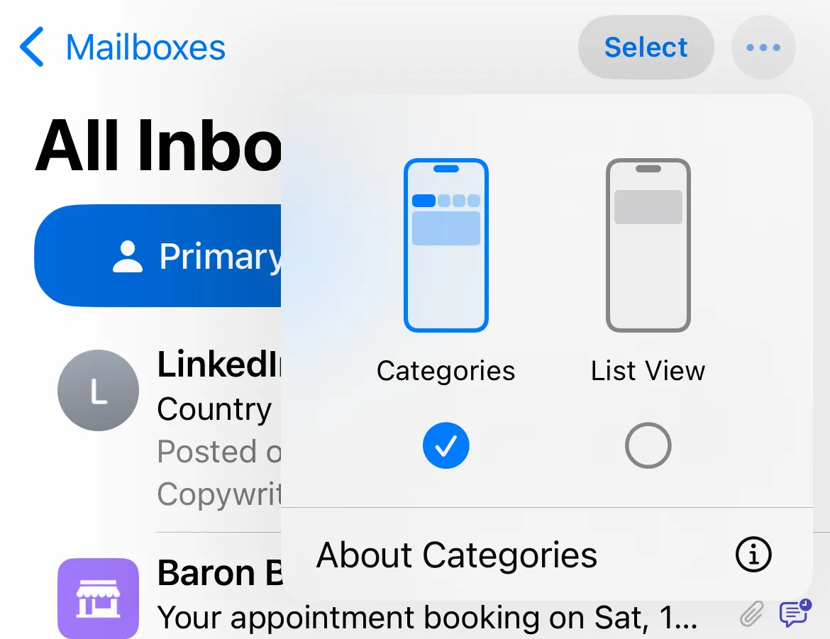 Thao tác tắt phân loại email Apple Mail trên iPhone bằng cách chọn &quot;List View&quot;.