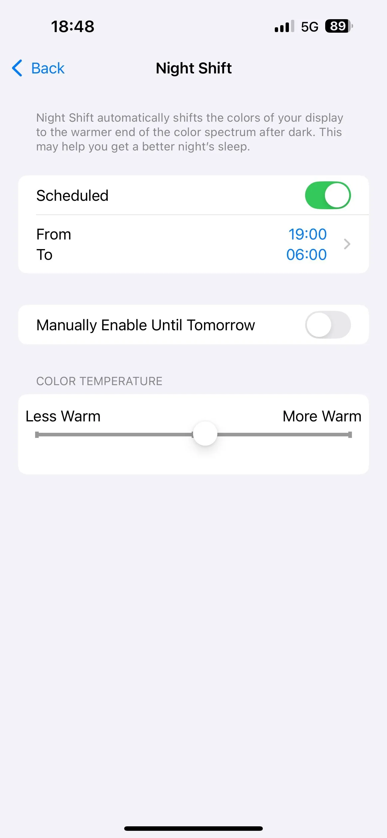 Thiết lập lịch trình tự động bật/tắt Night Shift trên iPhone để tối ưu hiển thị theo thời gian