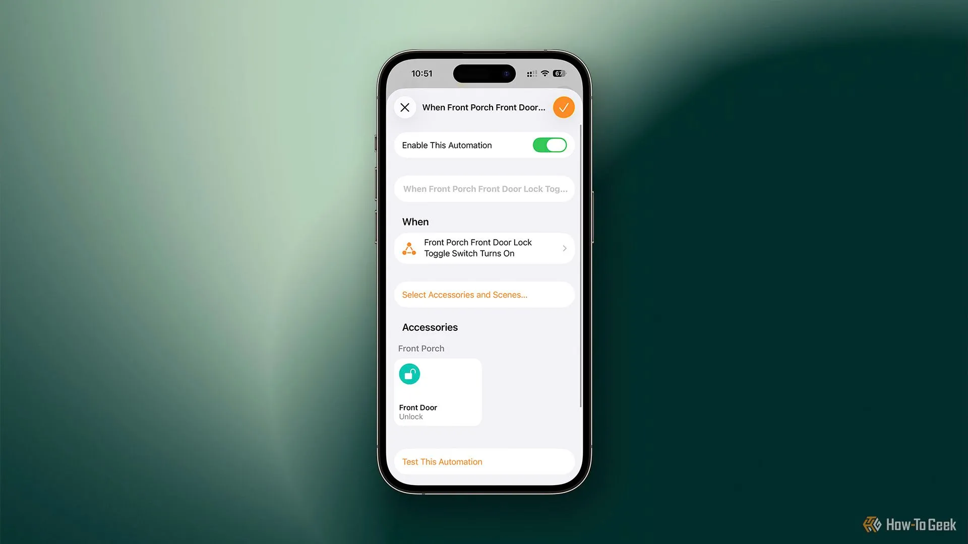 Thiết lập một tự động hóa HomeKit để mở khóa cửa khi công tắc ảo được bật.
