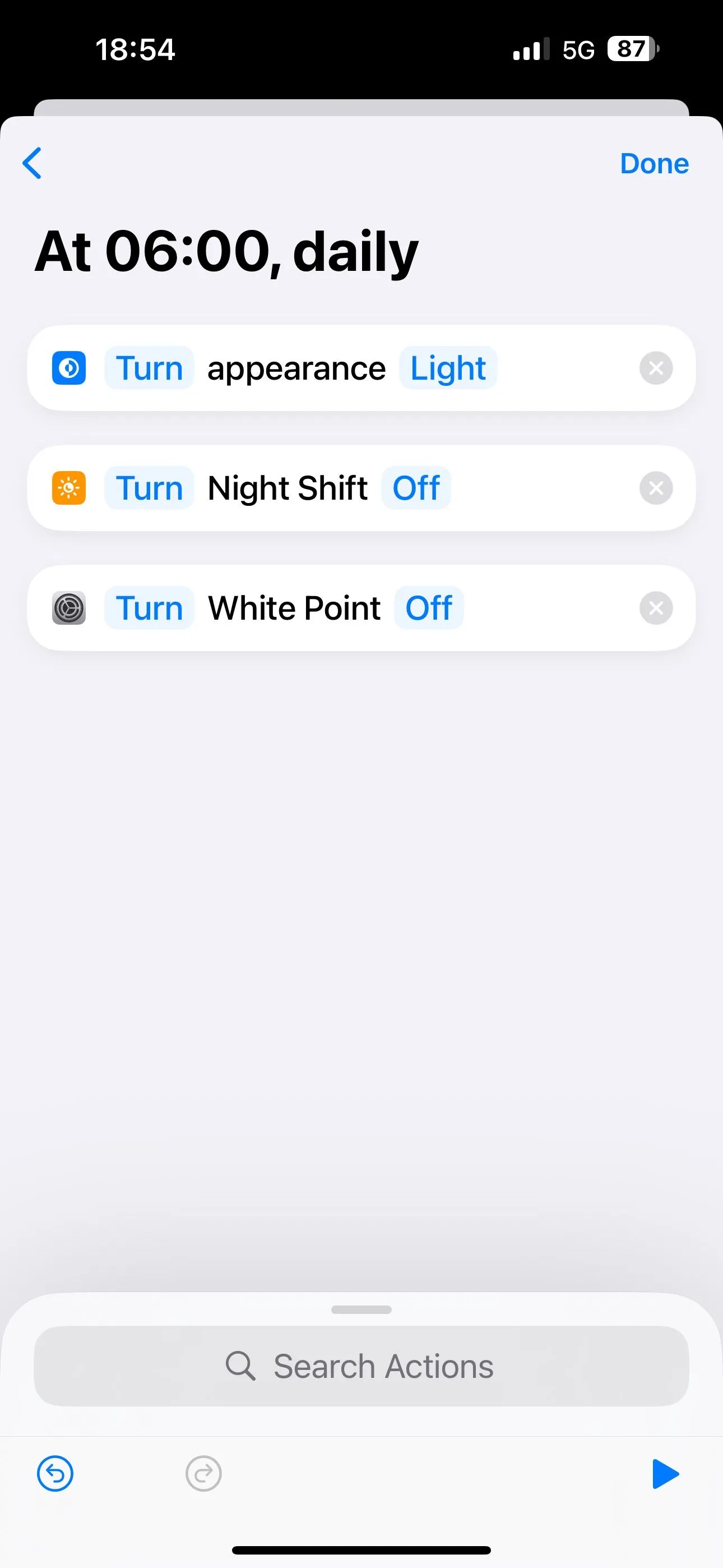 Thiết lập tự động hóa Phím tắt để iPhone tự động tắt các chế độ Tối, Night Shift và Giảm Điểm trắng vào buổi sáng