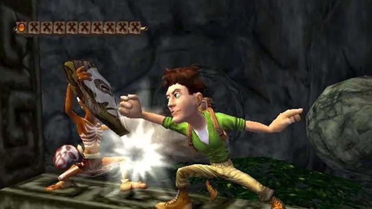 Thợ săn kho báu Harry trong game Pitfall The Lost Expedition đối đầu với một người đàn ông đeo mặt nạ.