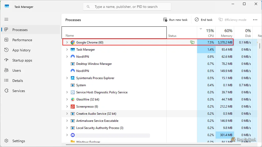 Tiến trình Google Chrome đang hoạt động hiển thị trong Task Manager Windows 11