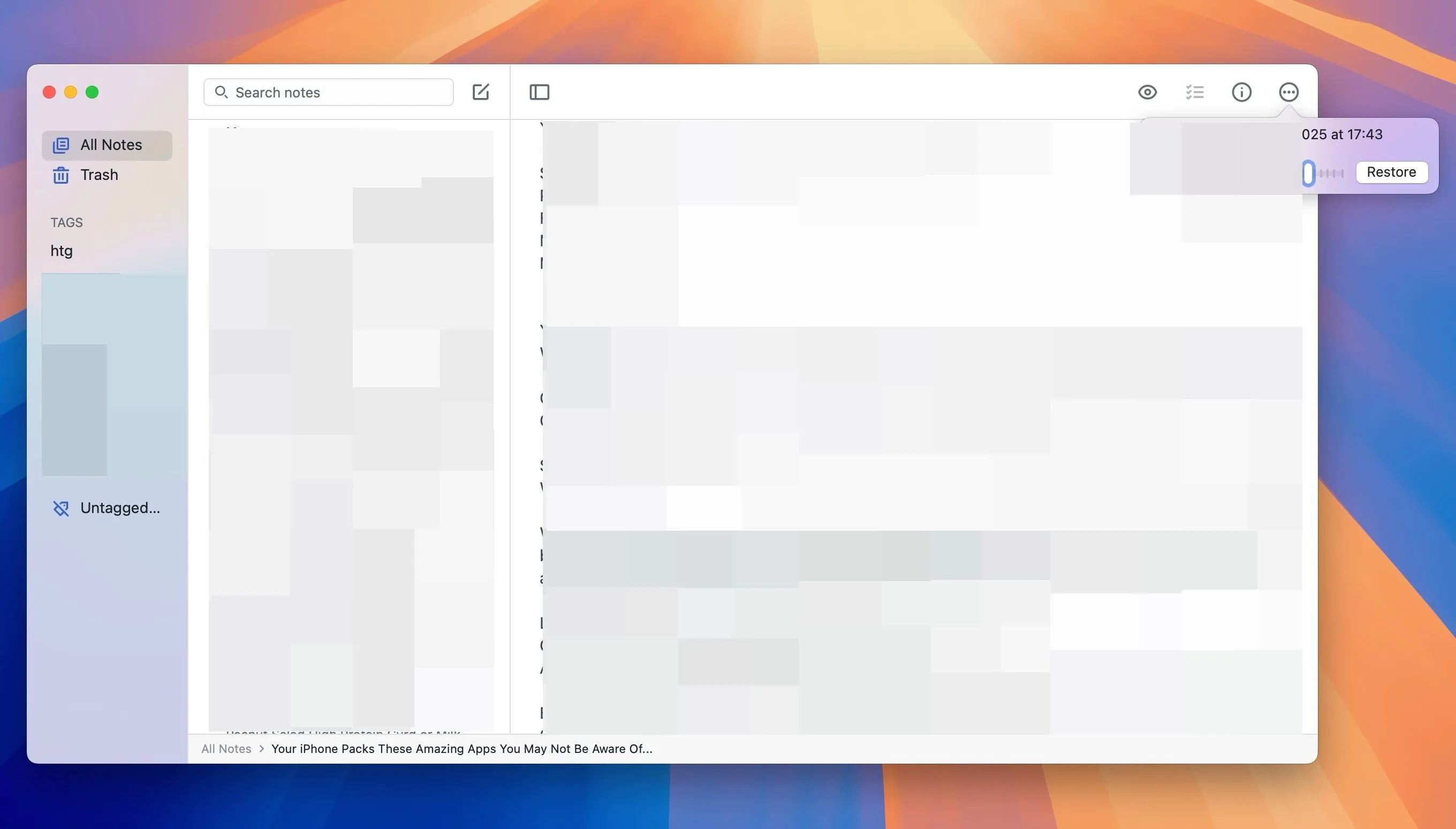 Tính năng lịch sử phiên bản của Simplenote trên macOS, cho phép xem và khôi phục các thay đổi ghi chú.