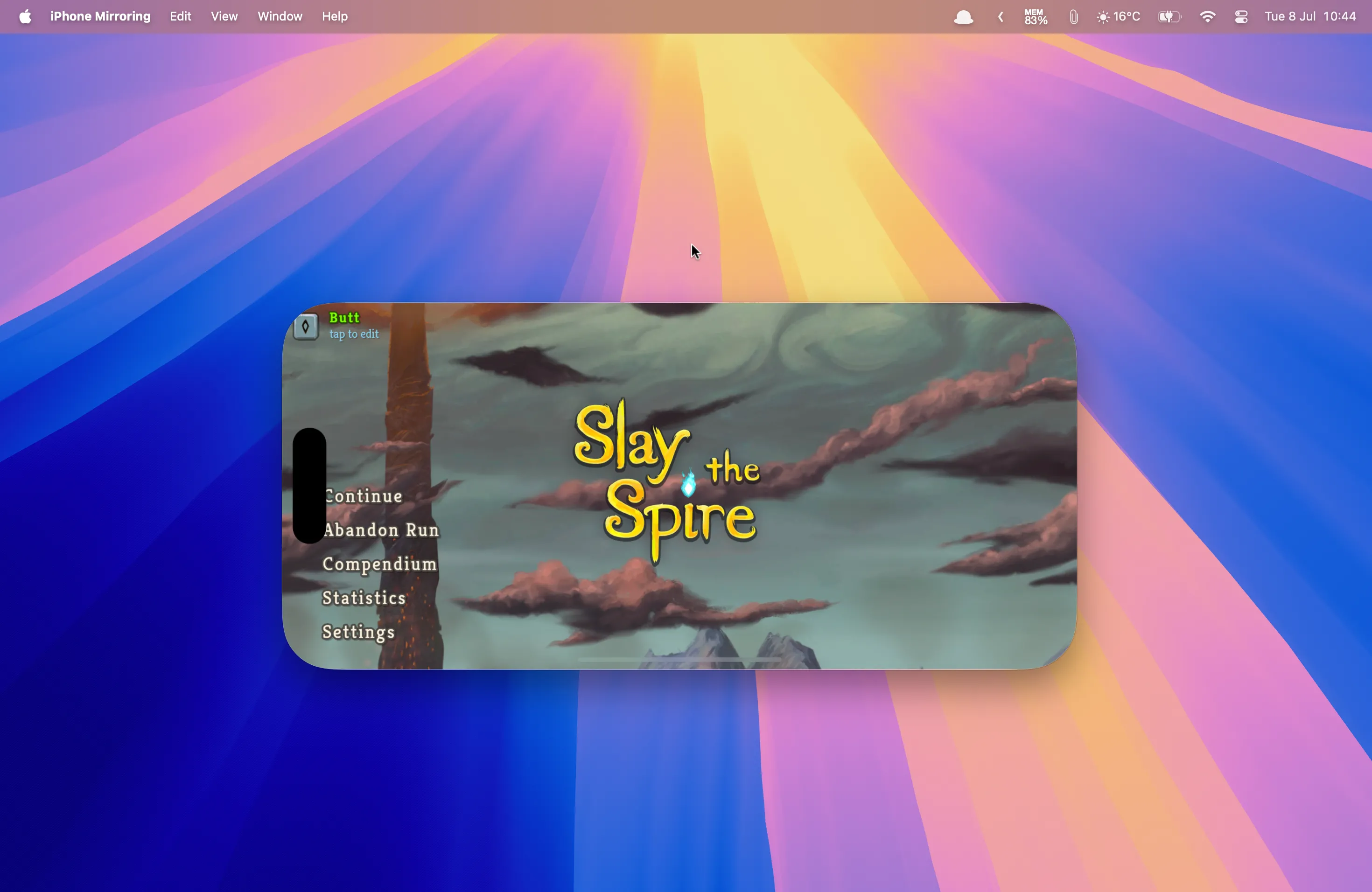 Trải nghiệm game Slay the Spire+ trên Mac nhờ iPhone Mirroring, giúp phóng to giao diện để dễ đọc hơn mà vẫn giữ được toàn bộ khung hình.
