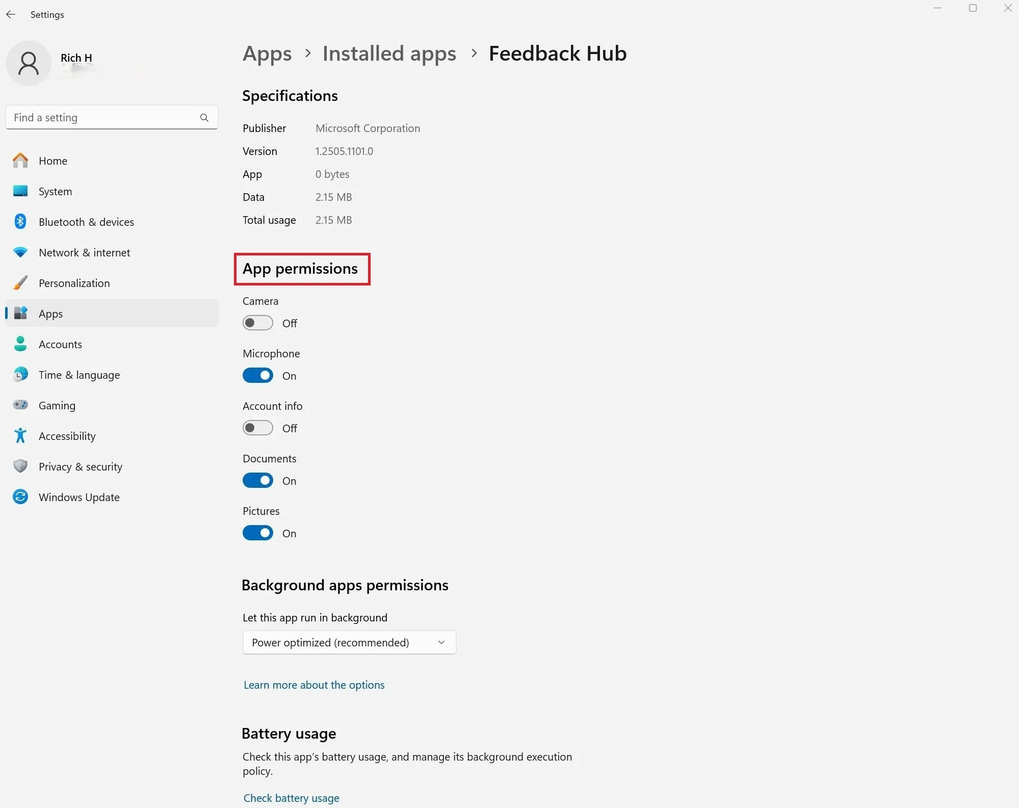 Trang cài đặt quyền của ứng dụng Feedback Hub trên Windows 11