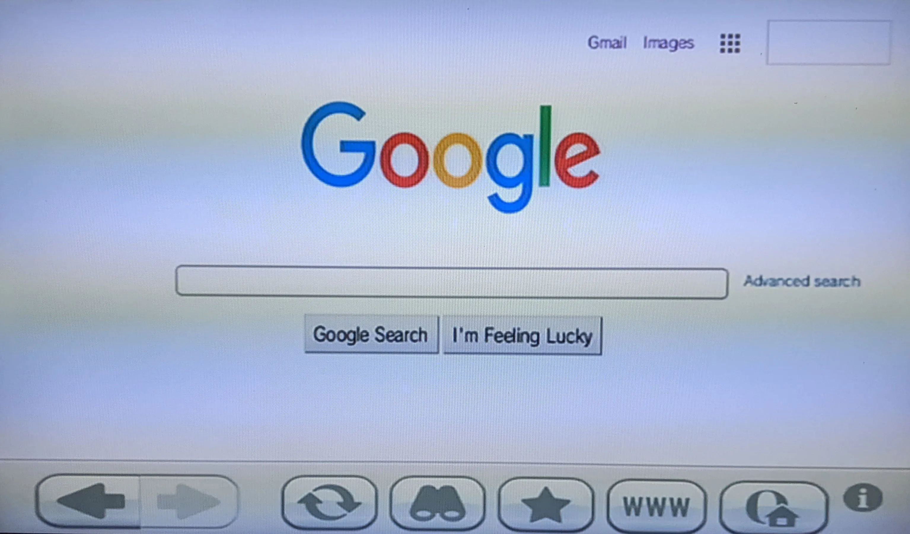 Trang chủ Google hiển thị trên trình duyệt web của Wii, cho thấy nỗ lực truy cập các trang web phổ biến trên nền tảng cũ.
