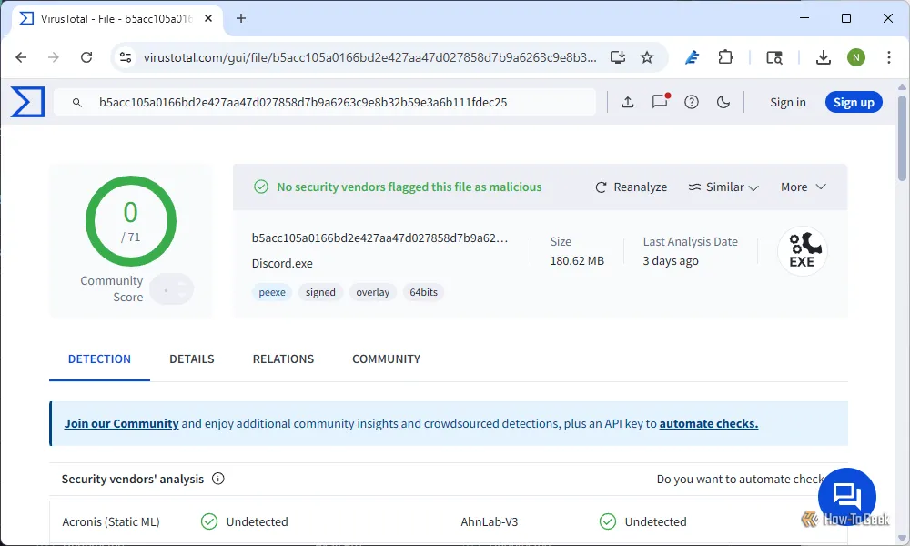 Trang kết quả chi tiết từ VirusTotal hiển thị phân tích chuyên sâu về một tập tin hoặc tiến trình