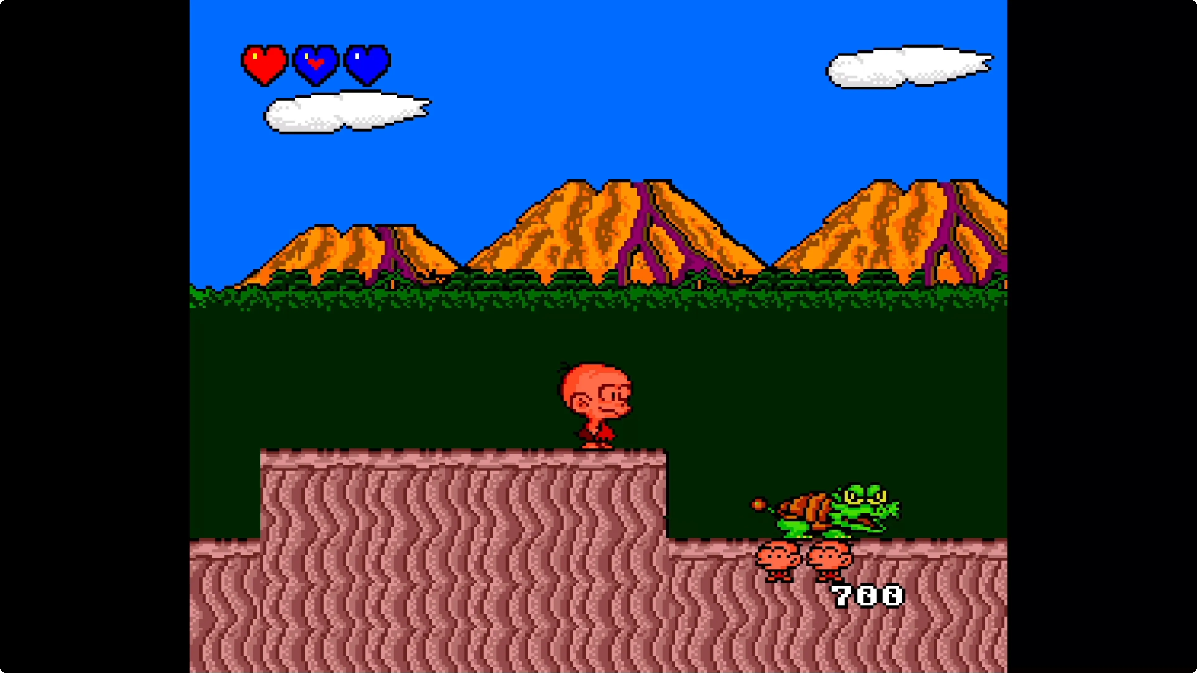 Trò chơi Bonk's Adventure trên Apple TV, minh họa hiệu suất giả lập TurboGrafx16 với âm thanh bị biến dạng.