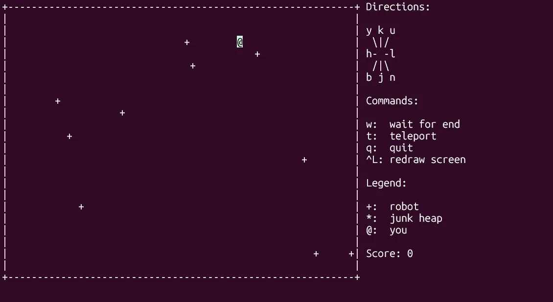 Trò chơi Robots từ bộ BSD Games đang diễn ra trên terminal Linux