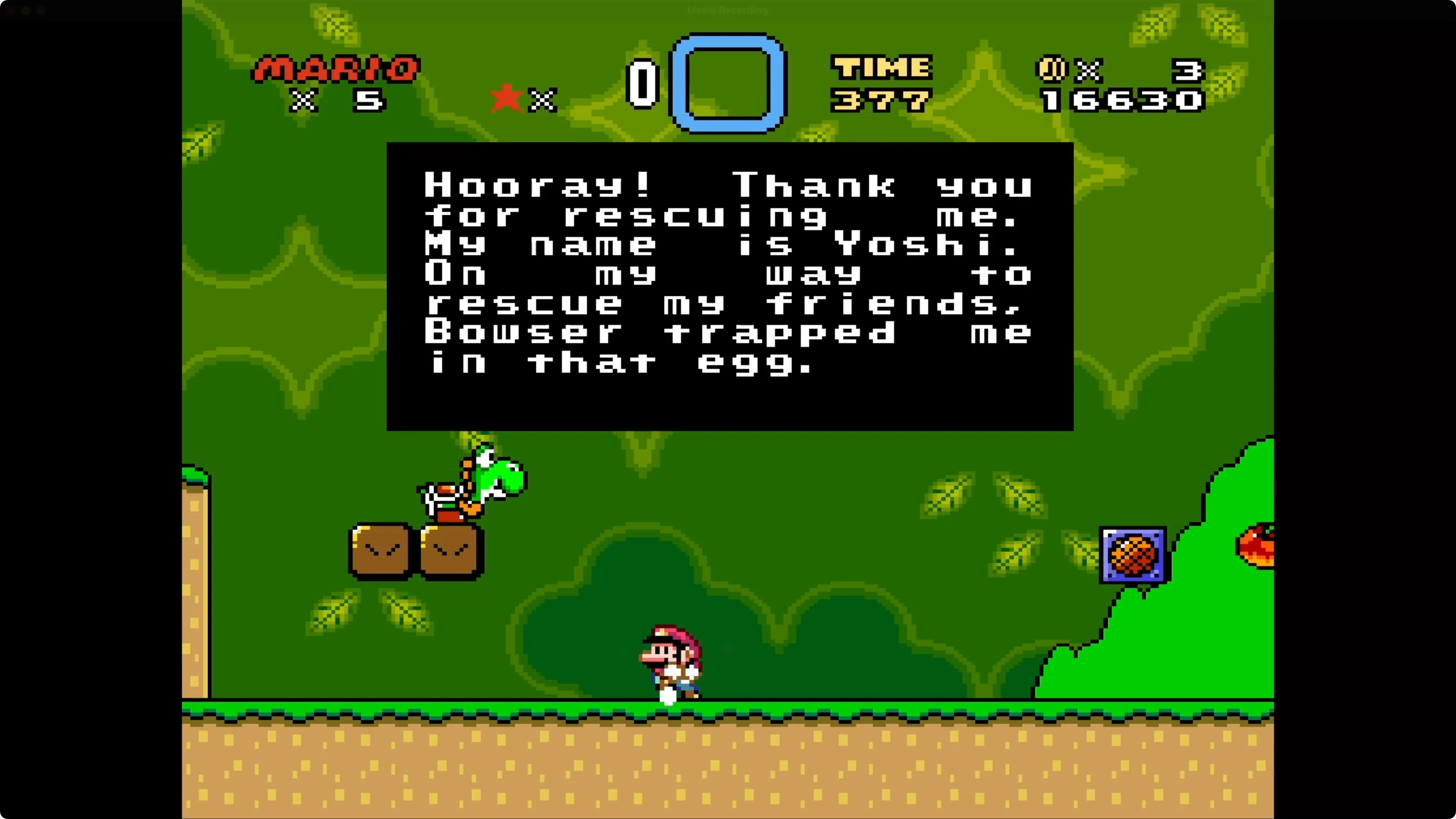 Trò chơi Super Mario World trên Apple TV, cho thấy hiệu năng giả lập SNES với độ trễ và lỗi âm thanh.