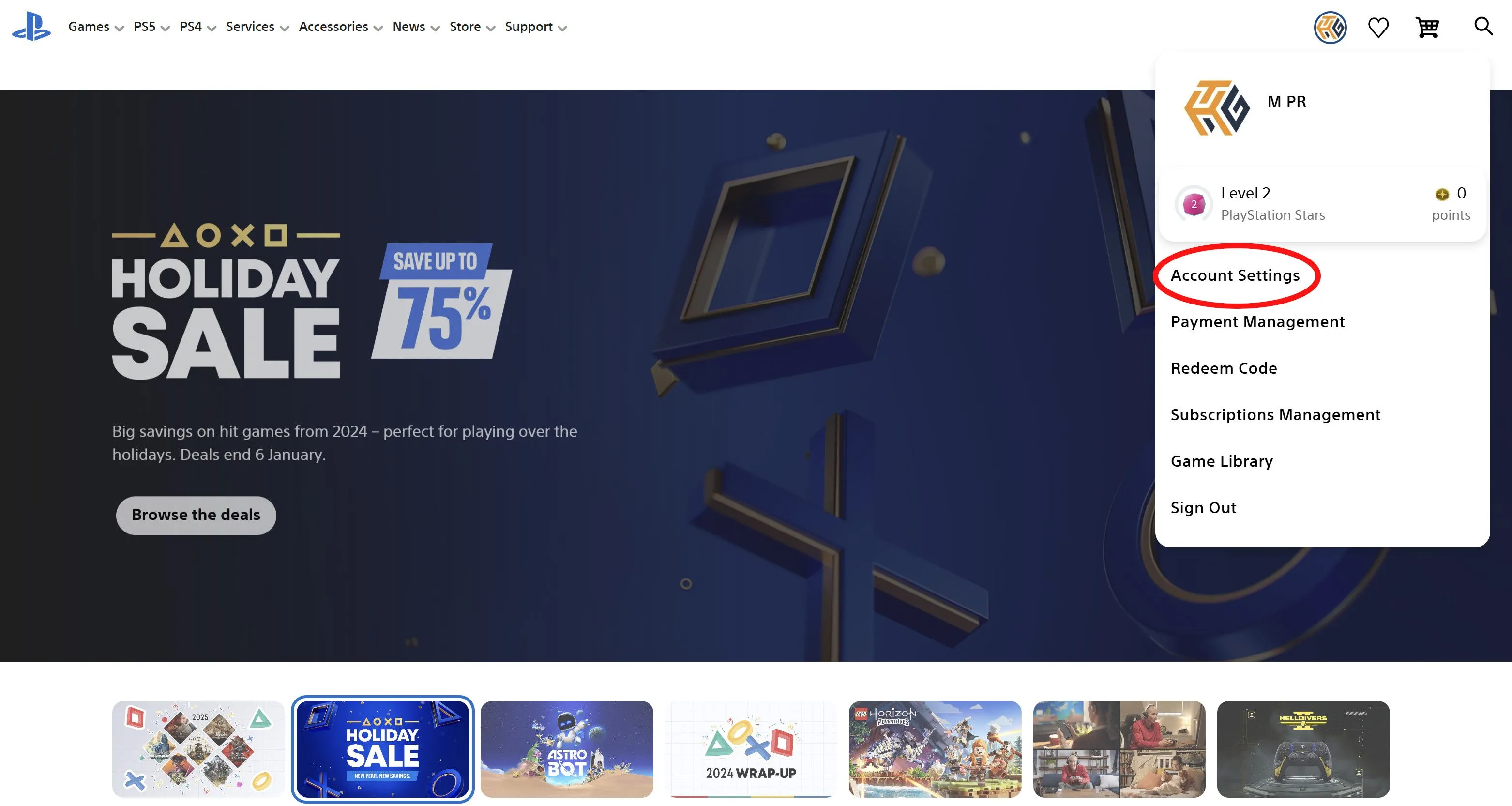 Truy cập cài đặt tài khoản PSN từ trang chủ PlayStation trên website