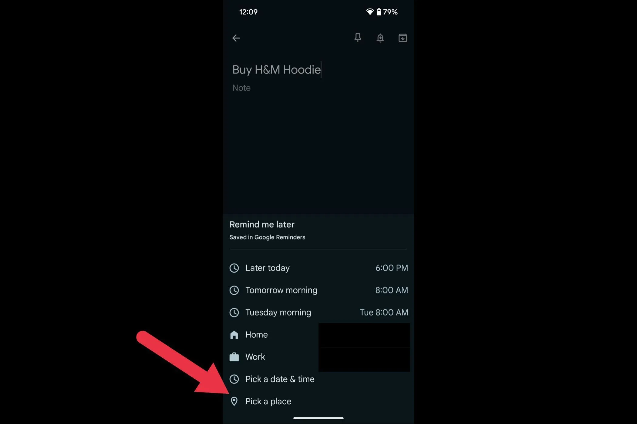 Tùy chọn &quot;Chọn địa điểm&quot; để đặt nhắc nhở dựa trên vị trí trong Google Keep
