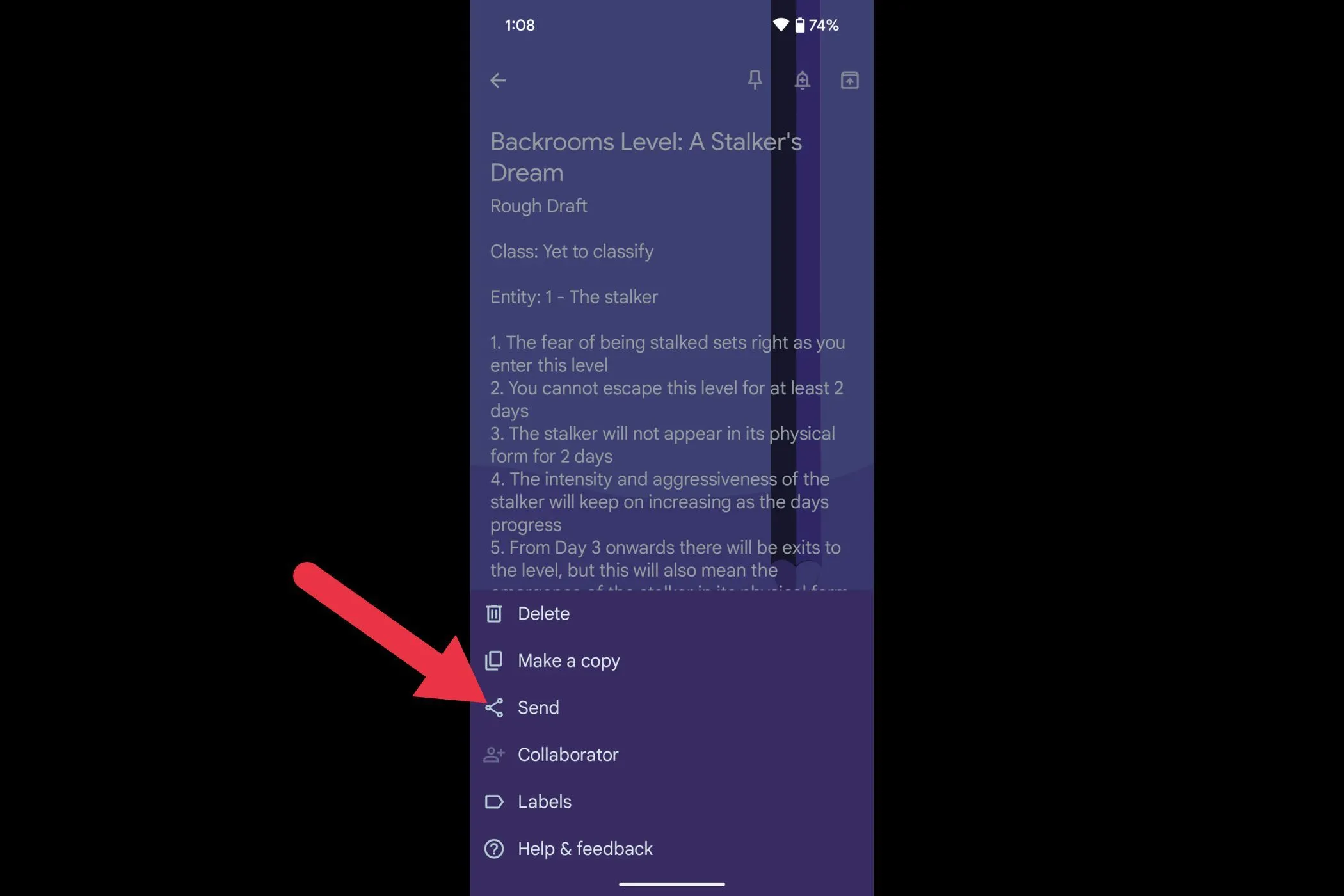 Tùy chọn &quot;Gửi&quot; trong menu ghi chú Google Keep