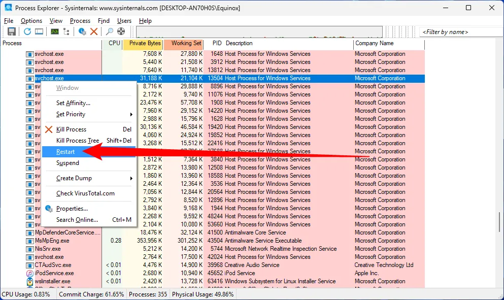 Tùy chọn khởi động lại hoặc kết thúc một tiến trình gặp lỗi trong Process Explorer
