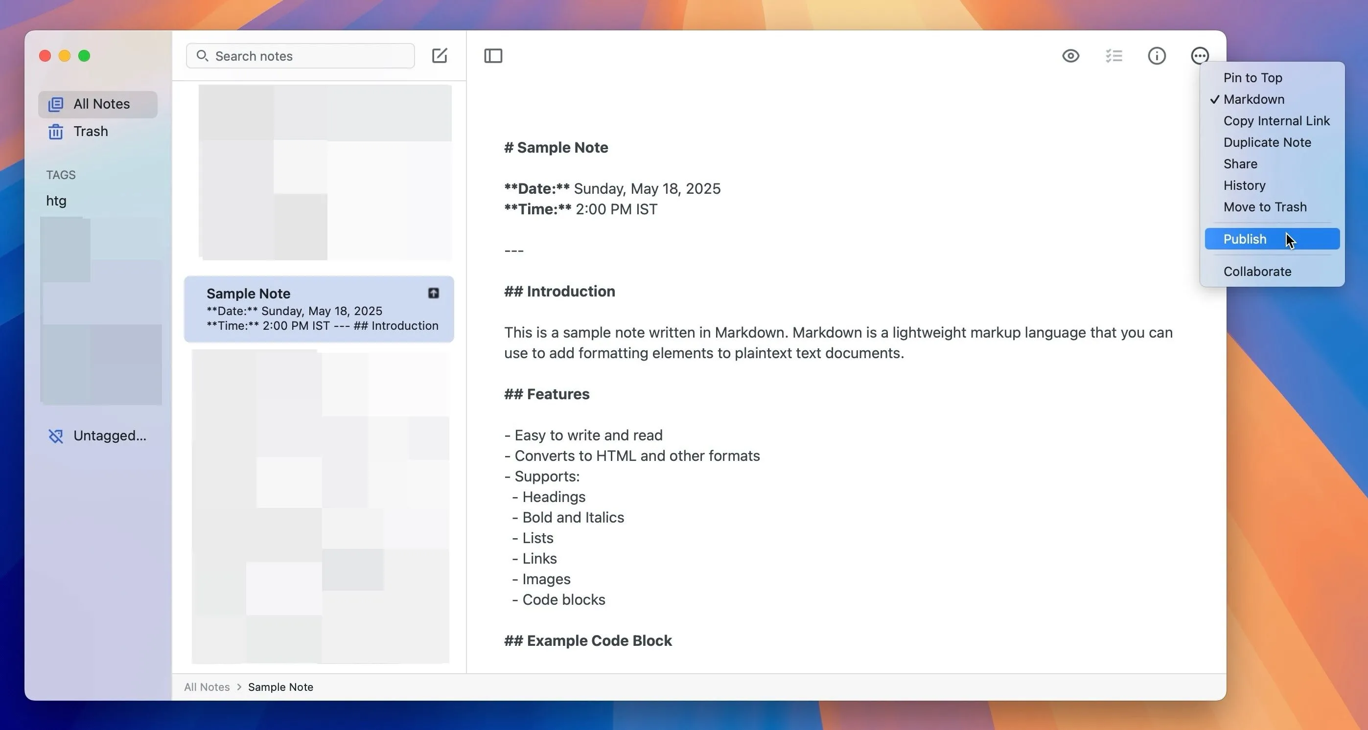 Tùy chọn &quot;Publish&quot; trong Simplenote trên máy Mac, cho phép xuất bản ghi chú thành trang web công khai.
