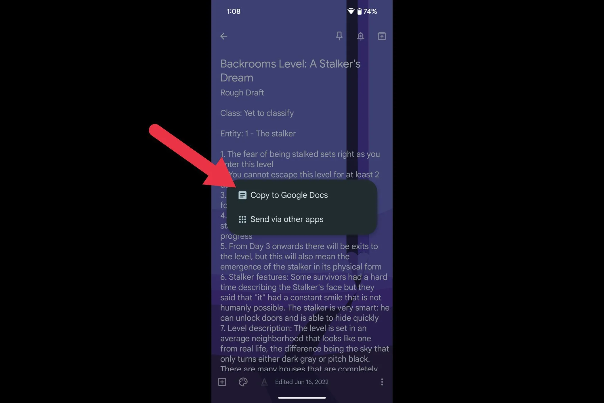 Tùy chọn &quot;Sao chép vào Google Tài liệu&quot; trong menu gửi của Google Keep