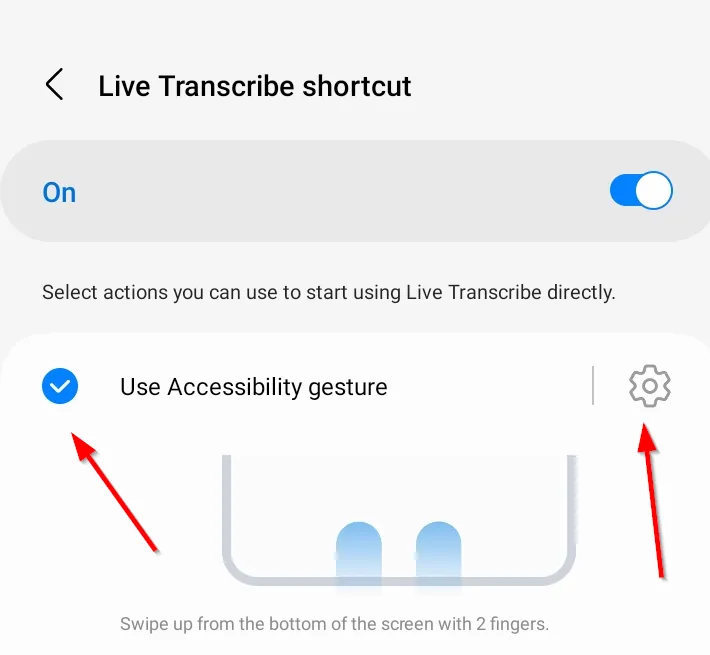 Tùy chọn sử dụng cử chỉ hỗ trợ tiếp cận để kích hoạt Live Transcribe