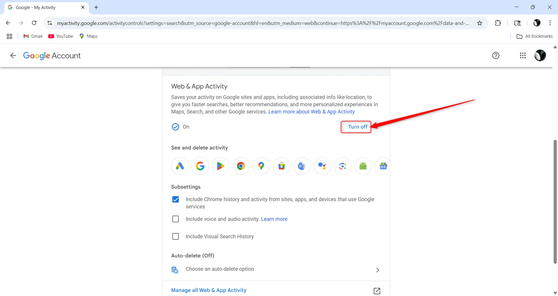 Tùy chọn tắt theo dõi hoạt động Google trên trang quản lý tài khoản