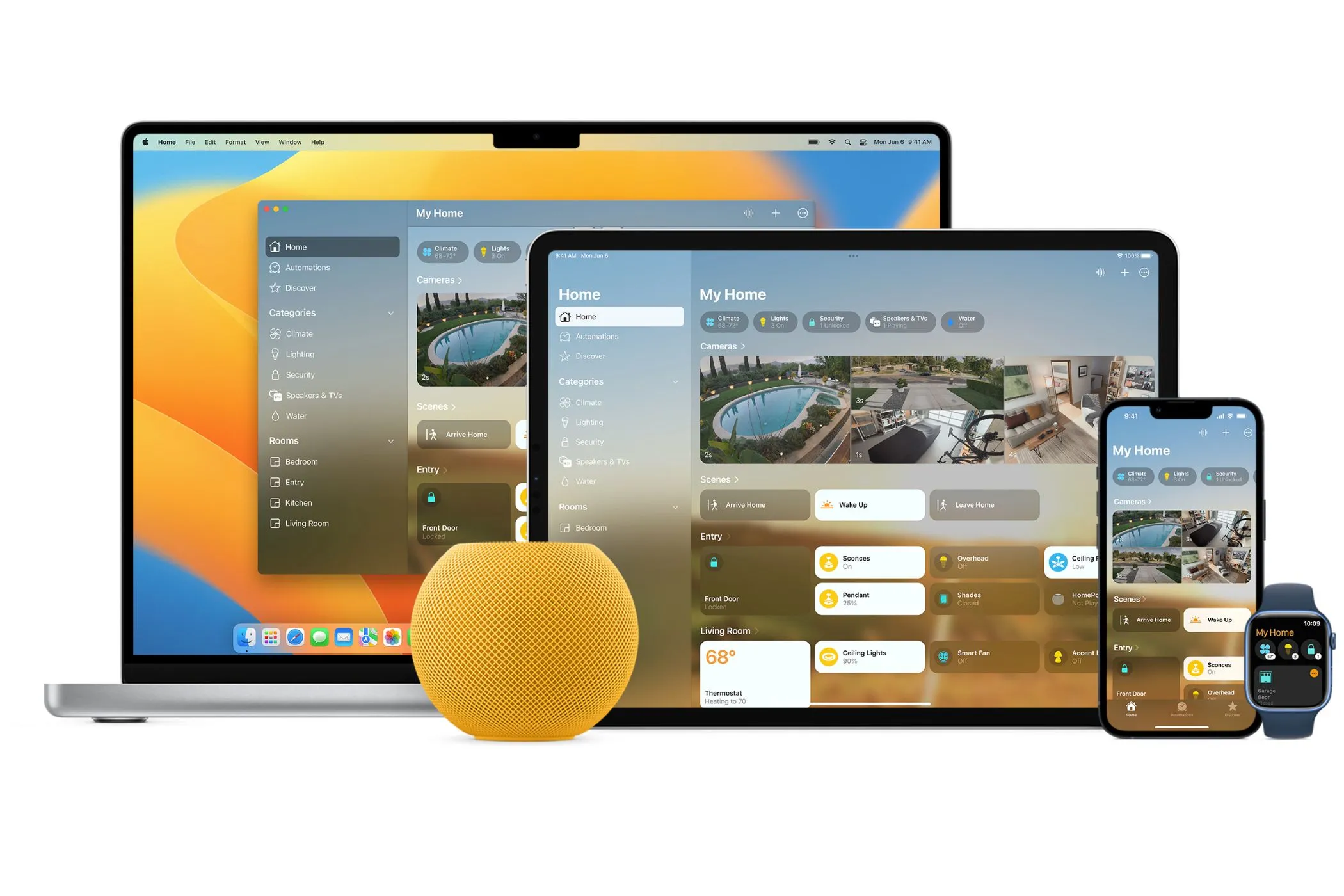 Ứng dụng Apple Home trên nhiều thiết bị Apple khác nhau, biểu trưng cho quản lý nhà thông minh.