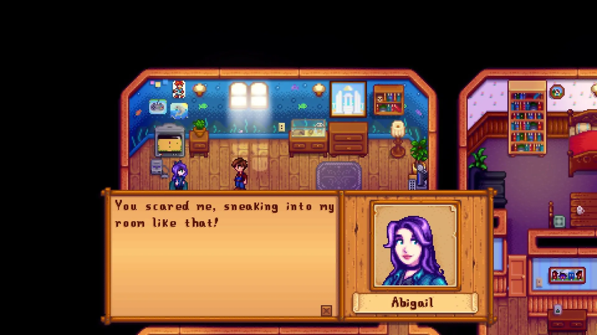 Abigail đang nói chuyện với người chơi trong Stardew Valley, minh họa một trong 12 nhân vật có thể kết hôn và xây dựng gia đình.