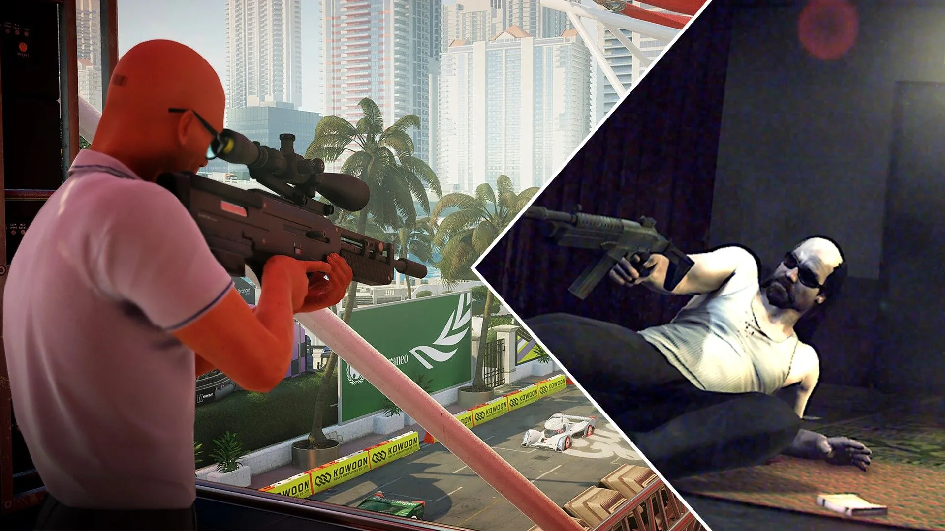 Agent 47 từ Hitman và Kane của Kane &amp; Lynch, minh họa liên kết giữa hai series game của IO Interactive.