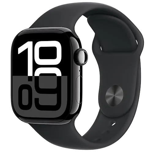 Ảnh cận cảnh Apple Watch Series 10 màu đen với dây đeo thể thao, làm nổi bật thiết kế và khả năng tương tác với các thiết bị Apple khác.