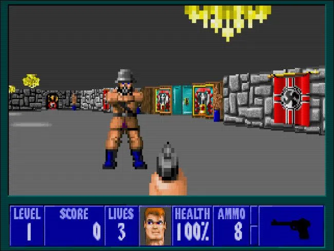 Ảnh chụp màn hình game Wolfenstein 3D với góc nhìn thứ nhất, minh họa đồ họa game FPS đời đầu