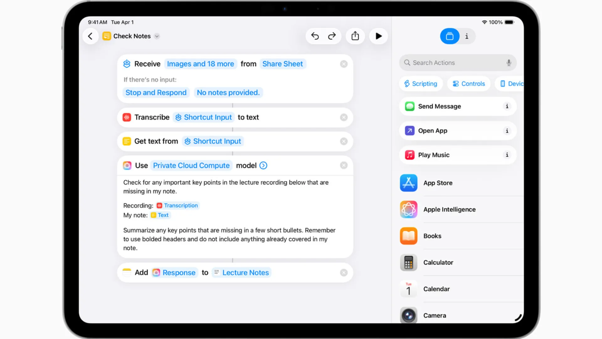 Ảnh chụp màn hình iPadOS 26 minh họa các tác vụ AI mới trong ứng dụng Phím tắt (Shortcuts).