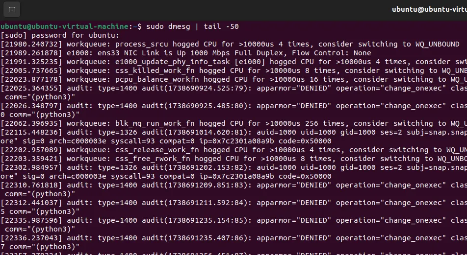 Ảnh chụp màn hình terminal Ubuntu hiển thị 50 dòng thông báo hệ thống gần nhất từ lệnh sudo dmesg | tail -50, hữu ích để chẩn đoán lỗi phần cứng.