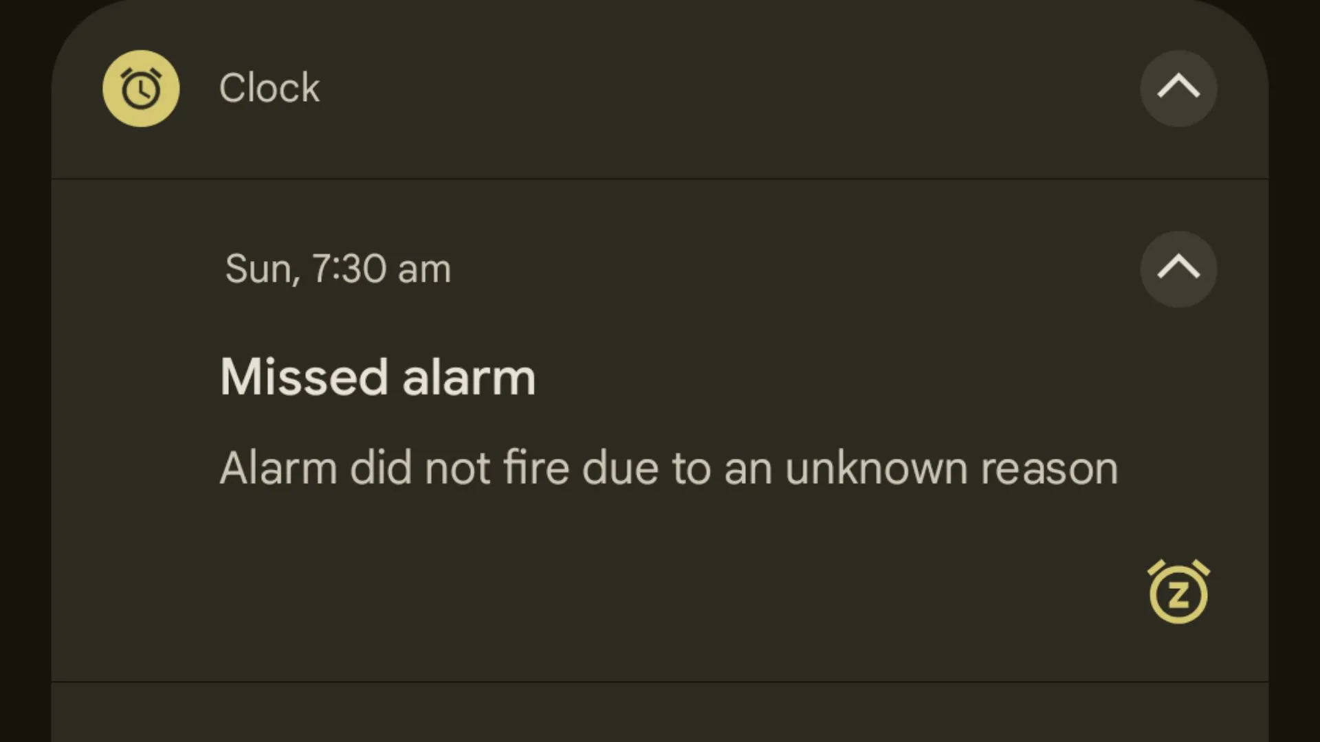 Ảnh chụp màn hình thông báo 'Missed alarm' trên điện thoại Pixel cho thấy báo thức không đổ chuông
