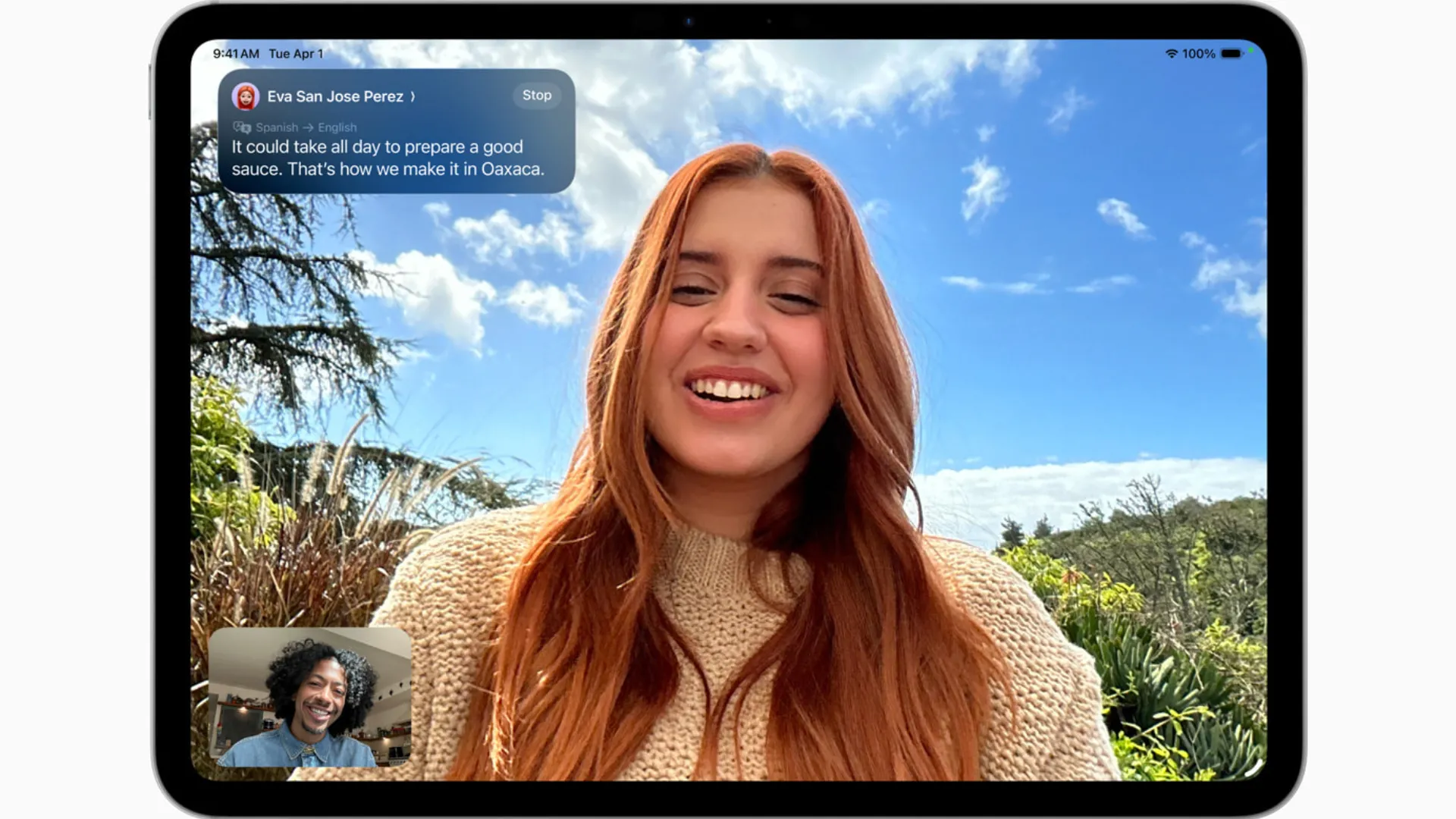 Ảnh chụp màn hình tính năng Dịch trực tiếp (Live Translation) trên FaceTime của iPadOS 26.