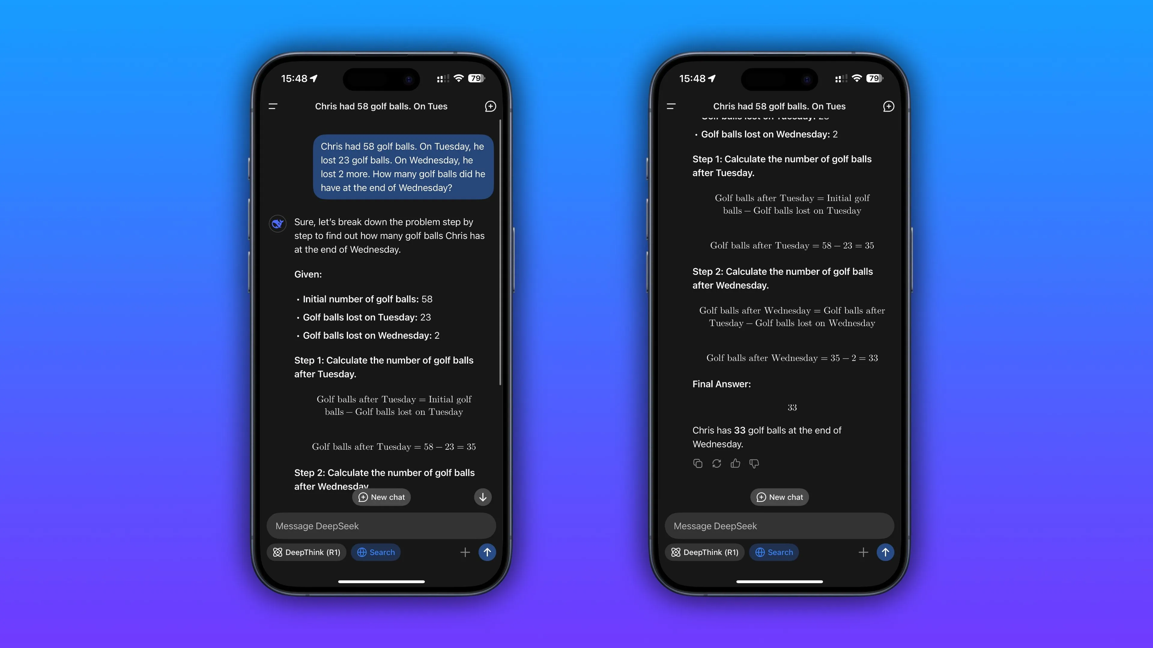Ảnh chụp màn hình ứng dụng DeepSeek trên iPhone minh họa khả năng suy luận của AI