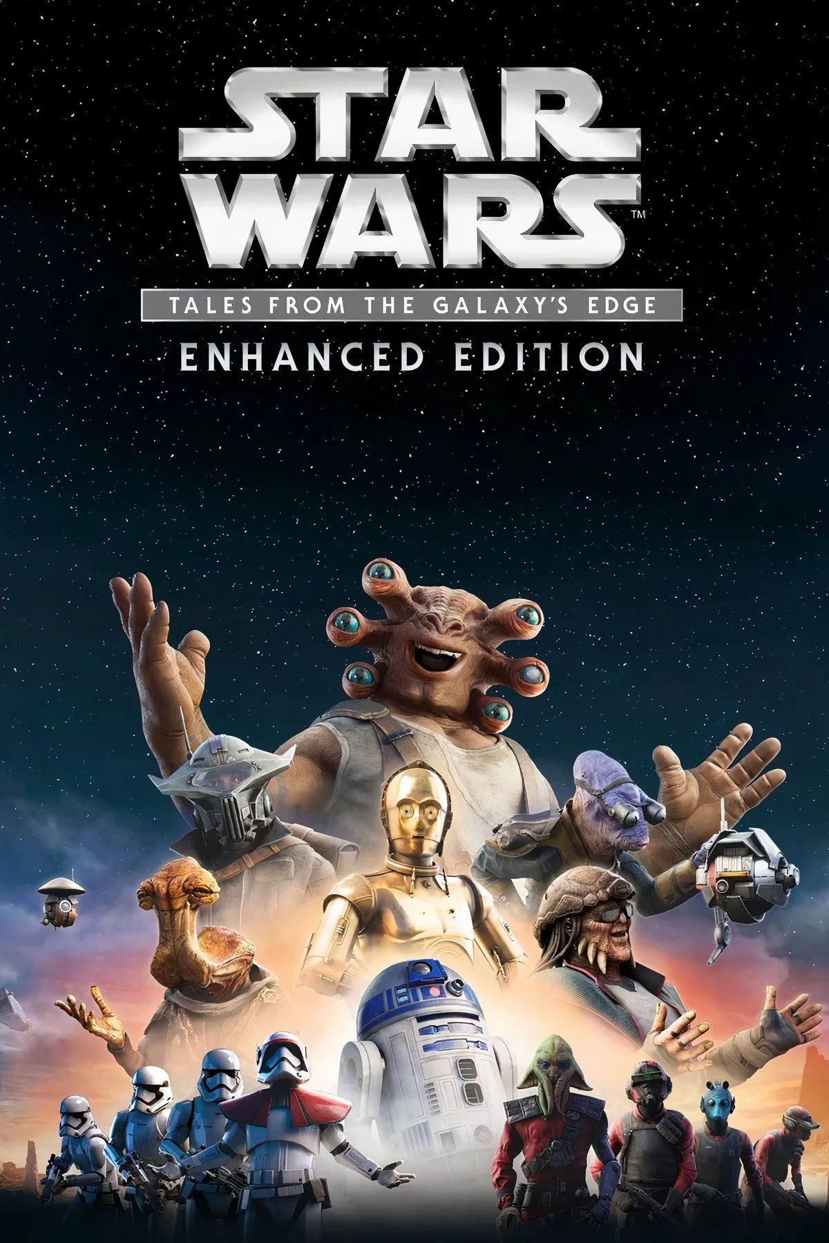 Ảnh tổng hợp các cảnh từ game Star Wars: Tales from the Galaxy's Edge, bao gồm nhân vật, môi trường và gameplay.