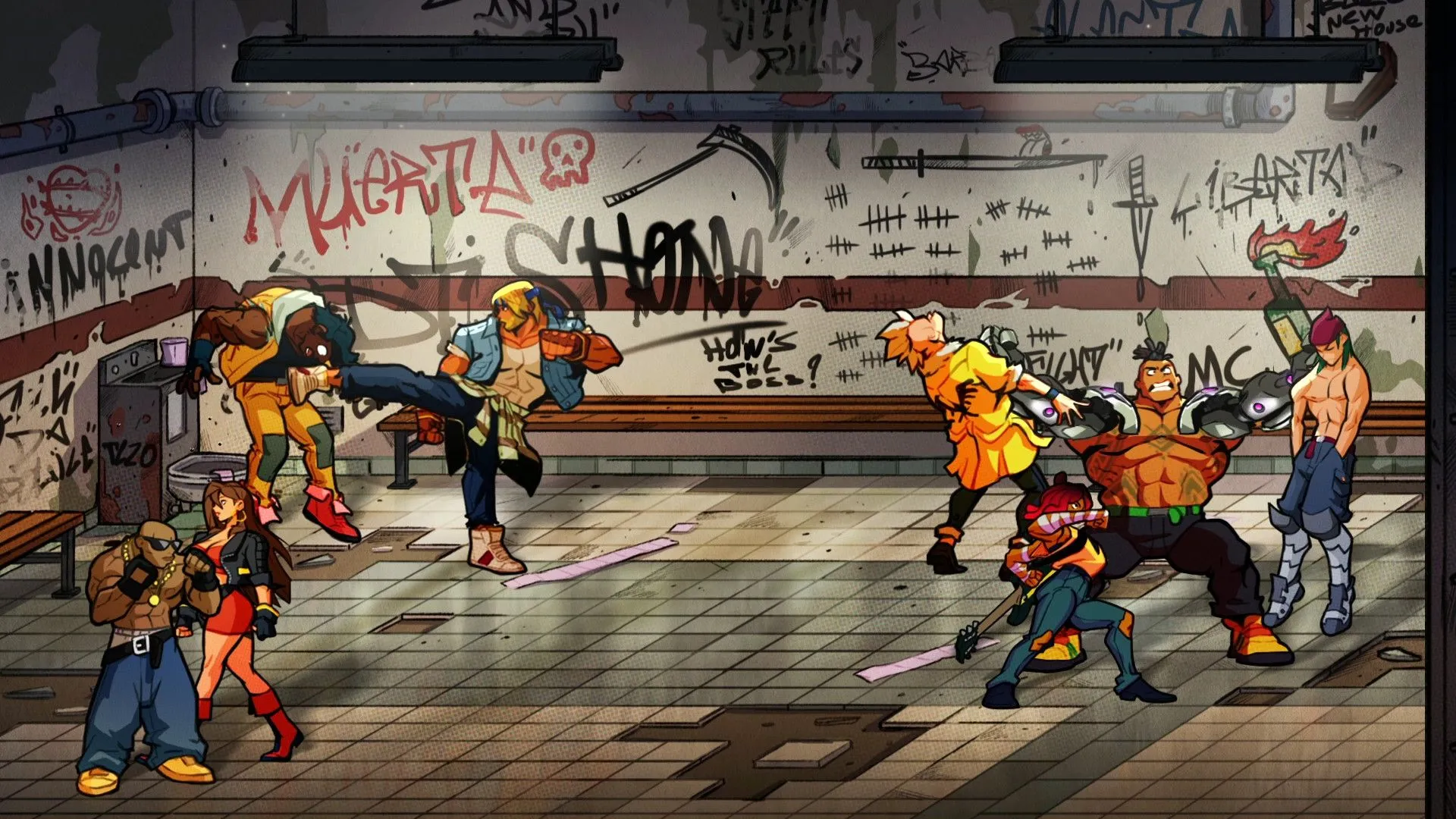Axel, Blaze, và Floyd chiến đấu với côn đồ trong Streets of Rage 4, minh họa sự hồi sinh của thể loại game beat 'em up cổ điển.