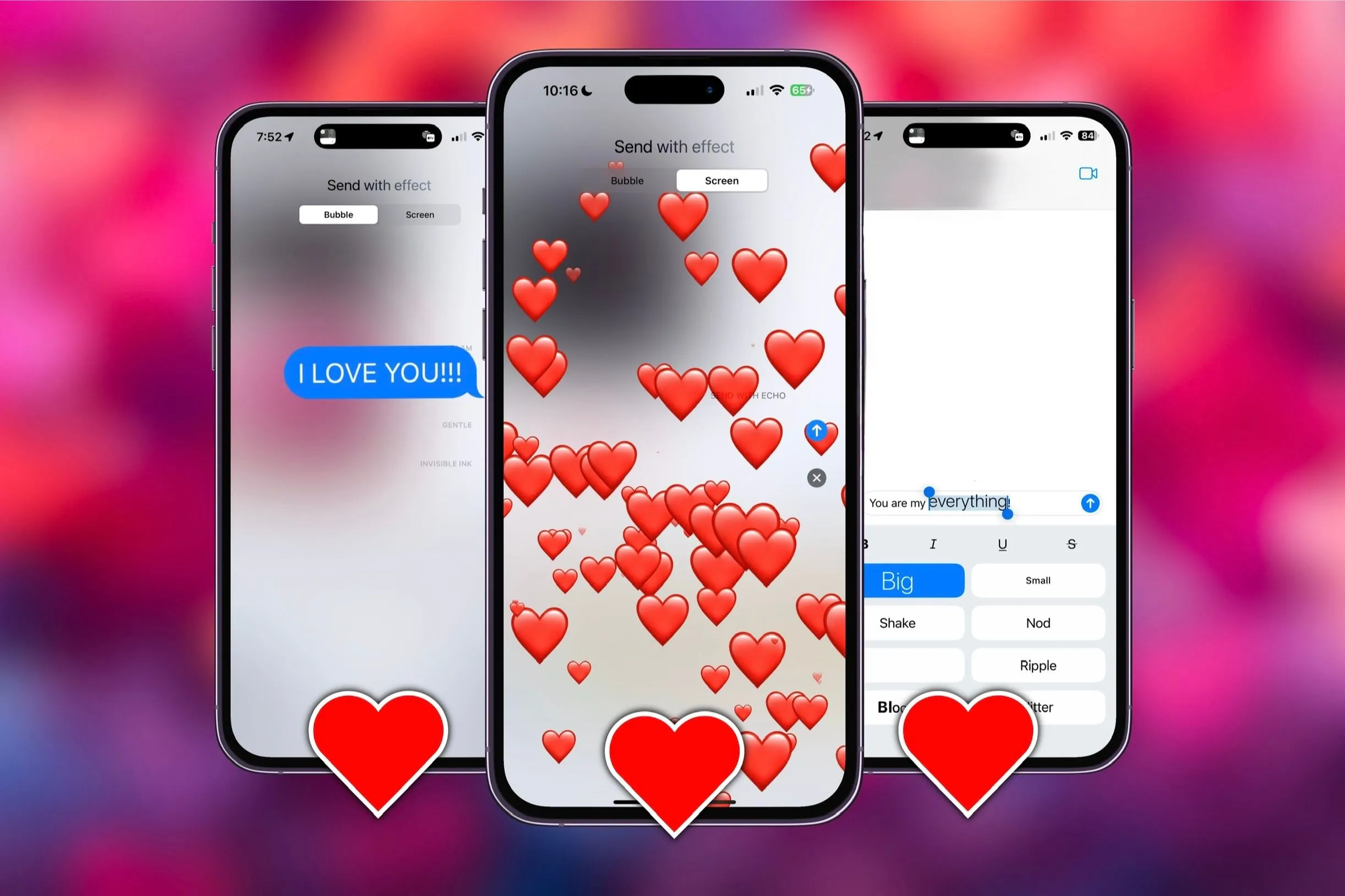 Ba chiếc iPhone hiển thị các hiệu ứng iMessage với biểu tượng trái tim xung quanh, minh họa sự sinh động của tin nhắn.