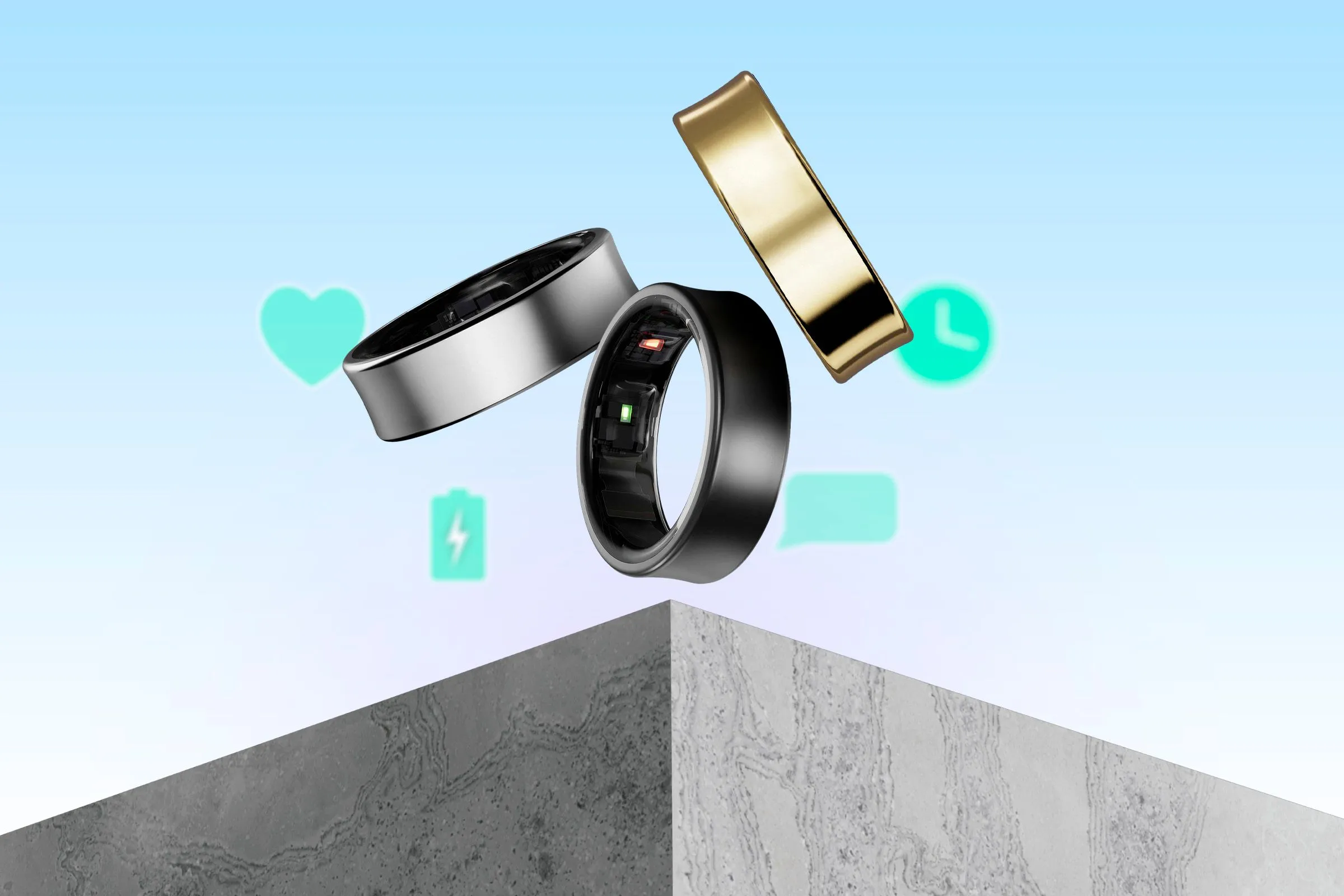 Ba chiếc nhẫn thông minh Samsung Galaxy Ring đặt trên bề mặt, dự báo về phiên bản Galaxy Ring 2 có thể ra mắt tại Galaxy Unpacked 2025.
