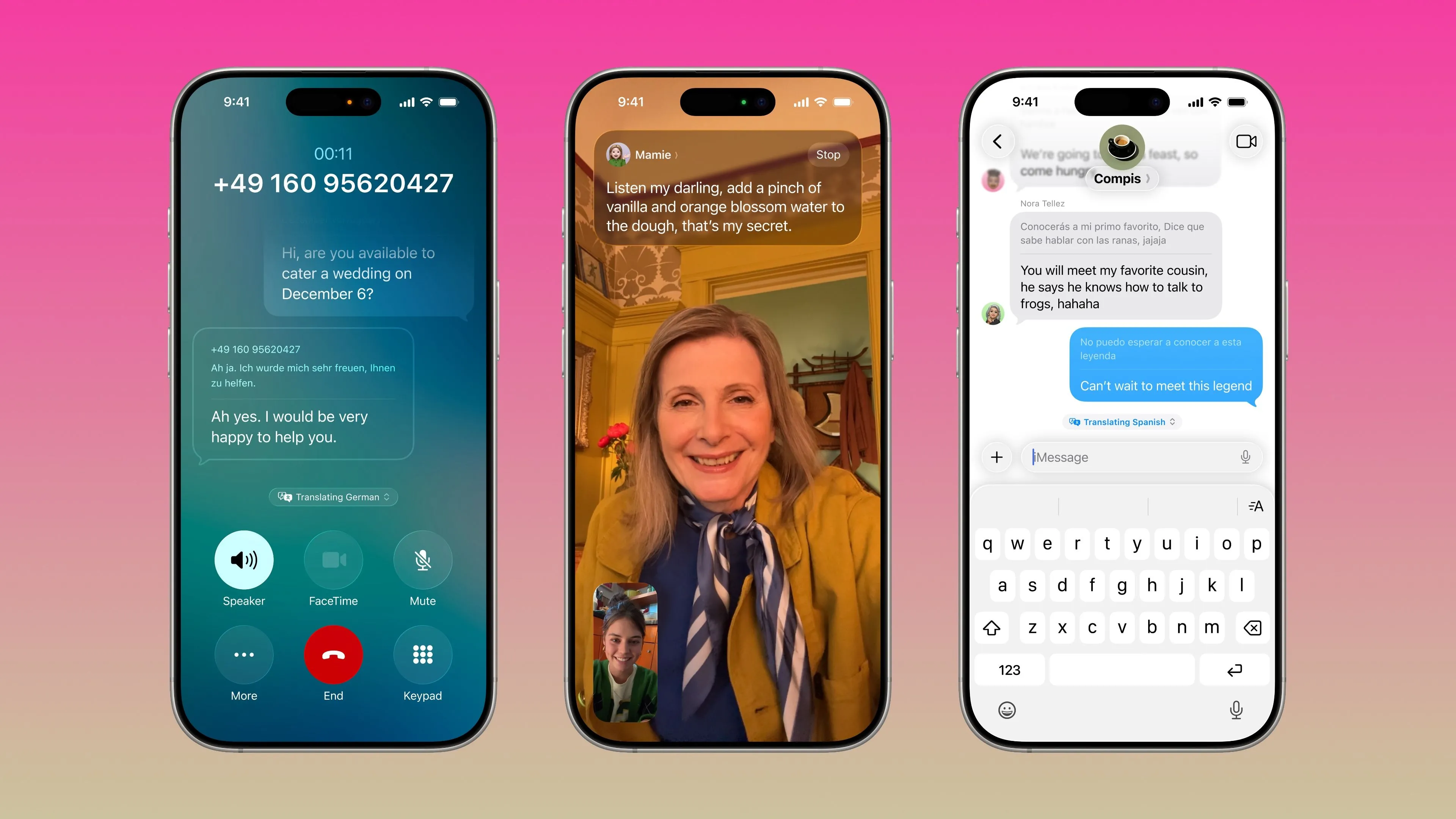Ba iPhone minh họa tính năng Dịch trực tiếp (Live Translation) trong ứng dụng Điện thoại, FaceTime và Tin nhắn trên iOS 26.