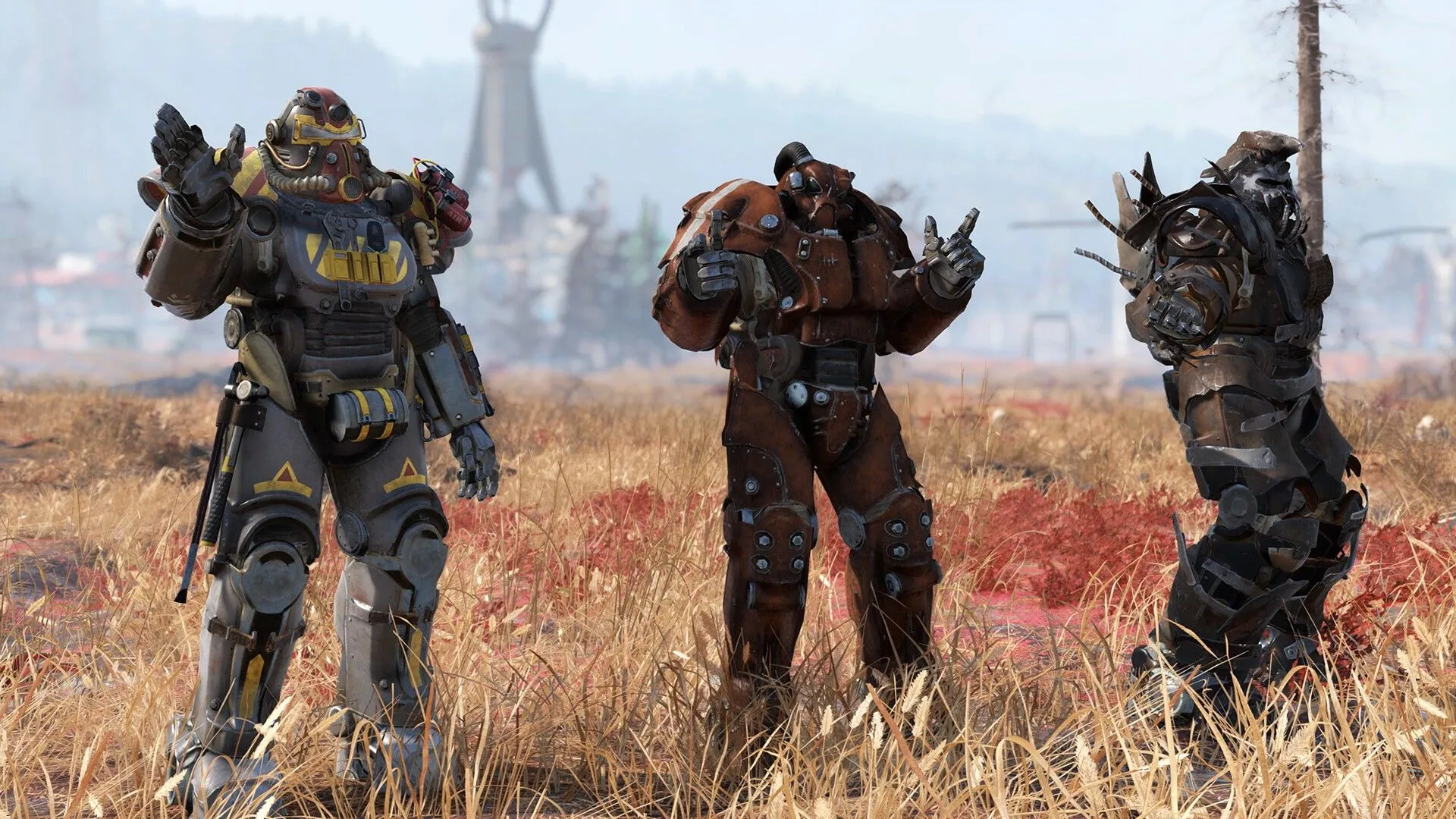 Ba người chơi trong Fallout 76 mặc bộ giáp Power Armor, khám phá thế giới hậu tận thế với cốt truyện game nhiều phe phái.