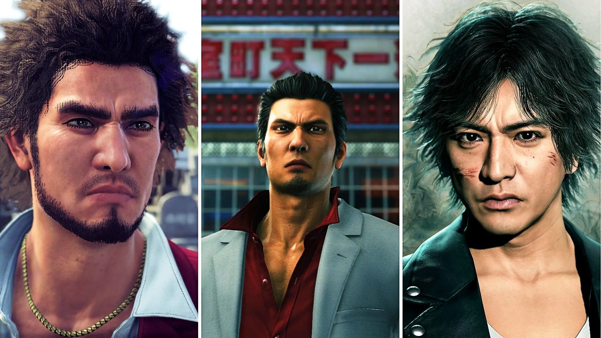 Ba nhân vật chính: Ichiban Kasuga (Like A Dragon), Kazuma Kiryu (Yakuza) và Takayuki Yagami (Judgement), cùng thuộc vũ trụ Kamurocho.