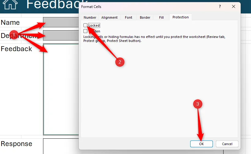 Ba ô được chọn trong Excel và tùy chọn &quot;Locked&quot; được bỏ chọn trong hộp thoại Format Cells, cho phép người dùng chỉnh sửa các ô này sau khi bảo vệ sheet.