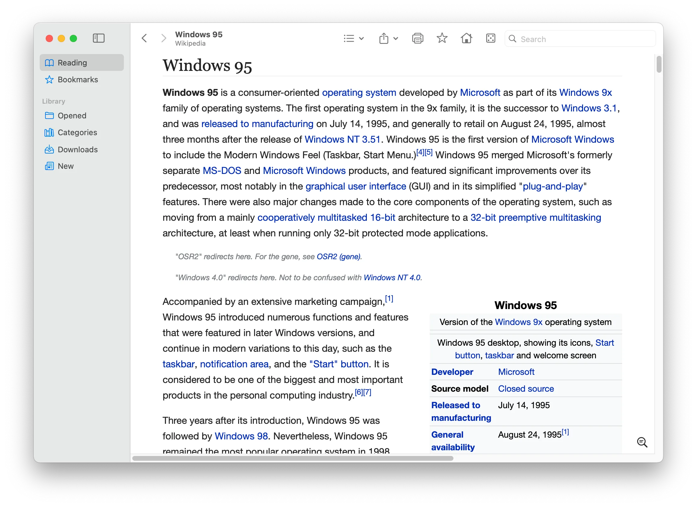 Bài viết Wikipedia về Windows 95 hiển thị trong ứng dụng Kiwix.