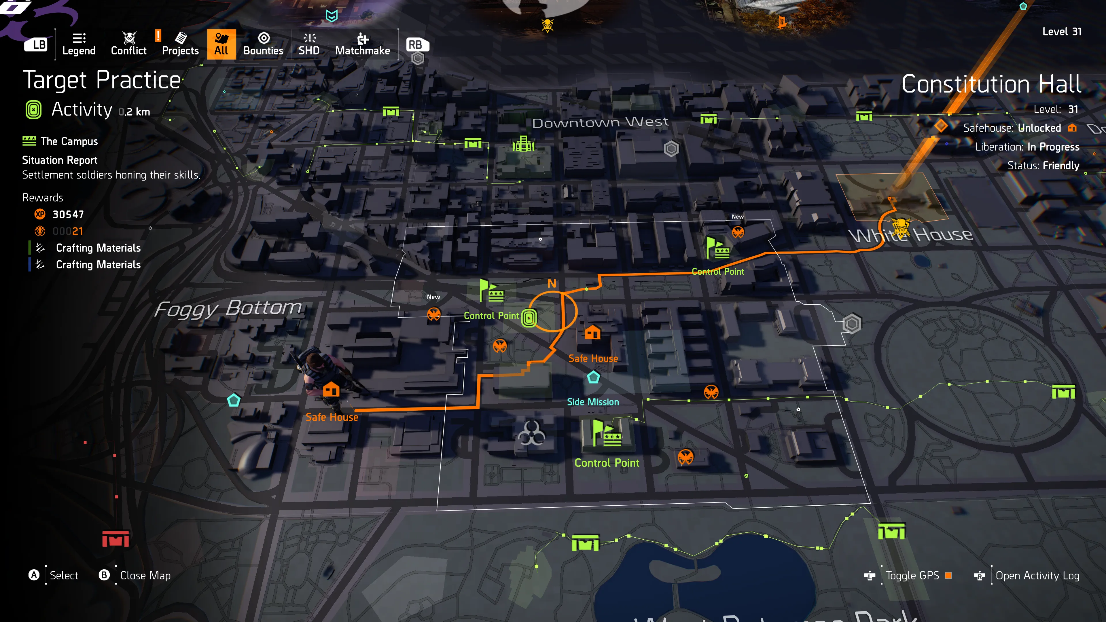 Bản đồ Washington DC với các khu vực và điểm kiểm soát trong The Division 2.