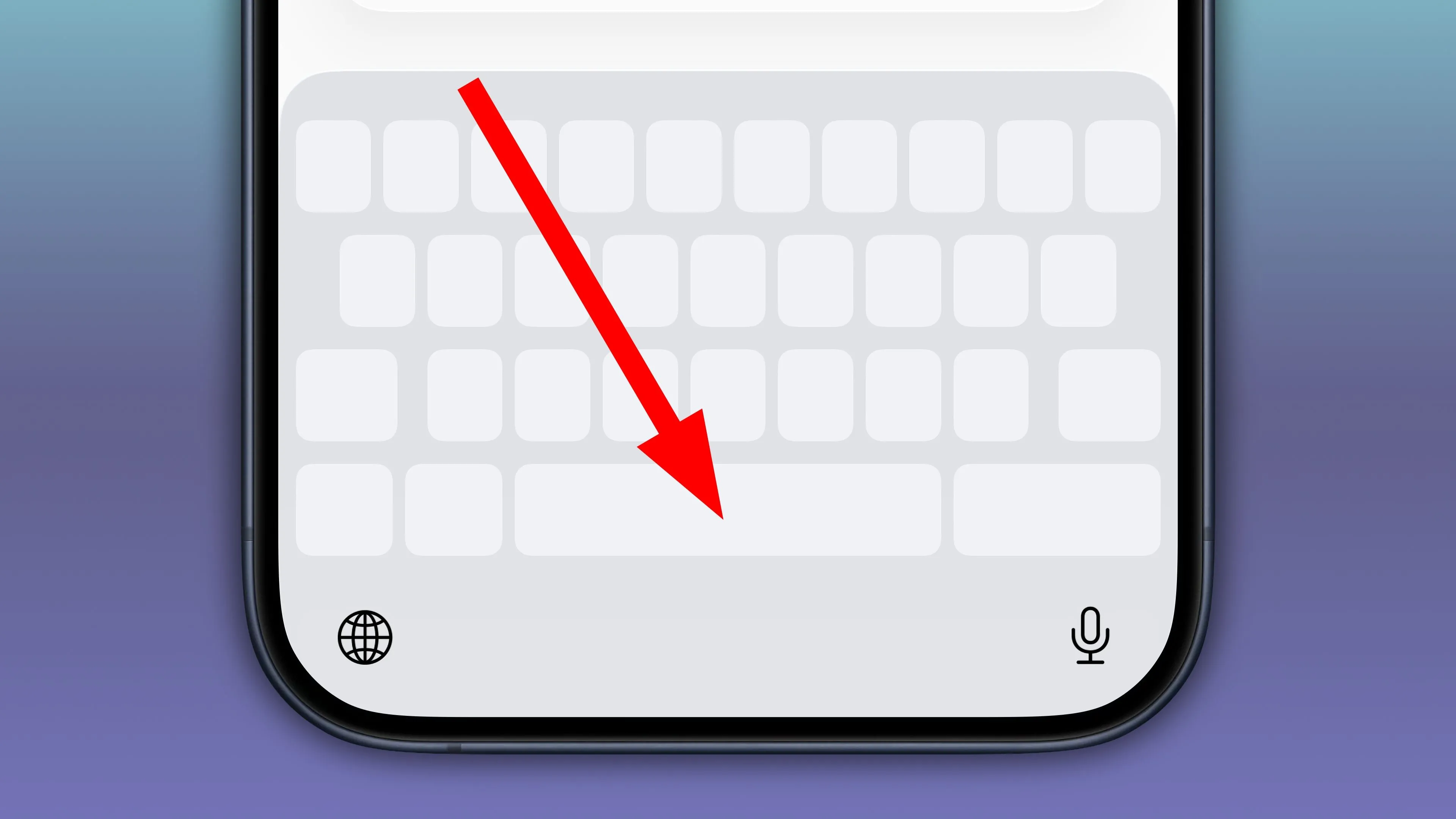 Bàn phím ảo iPhone ở chế độ bàn di chuột với mũi tên đỏ chỉ vào phím Spacebar để kích hoạt