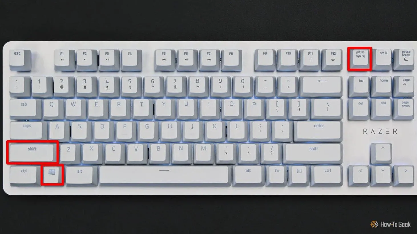 Bàn phím hiển thị phím Meta, Shift và Print Screen được tô đỏ, minh họa phím tắt chụp màn hình vùng chọn trên Kubuntu.