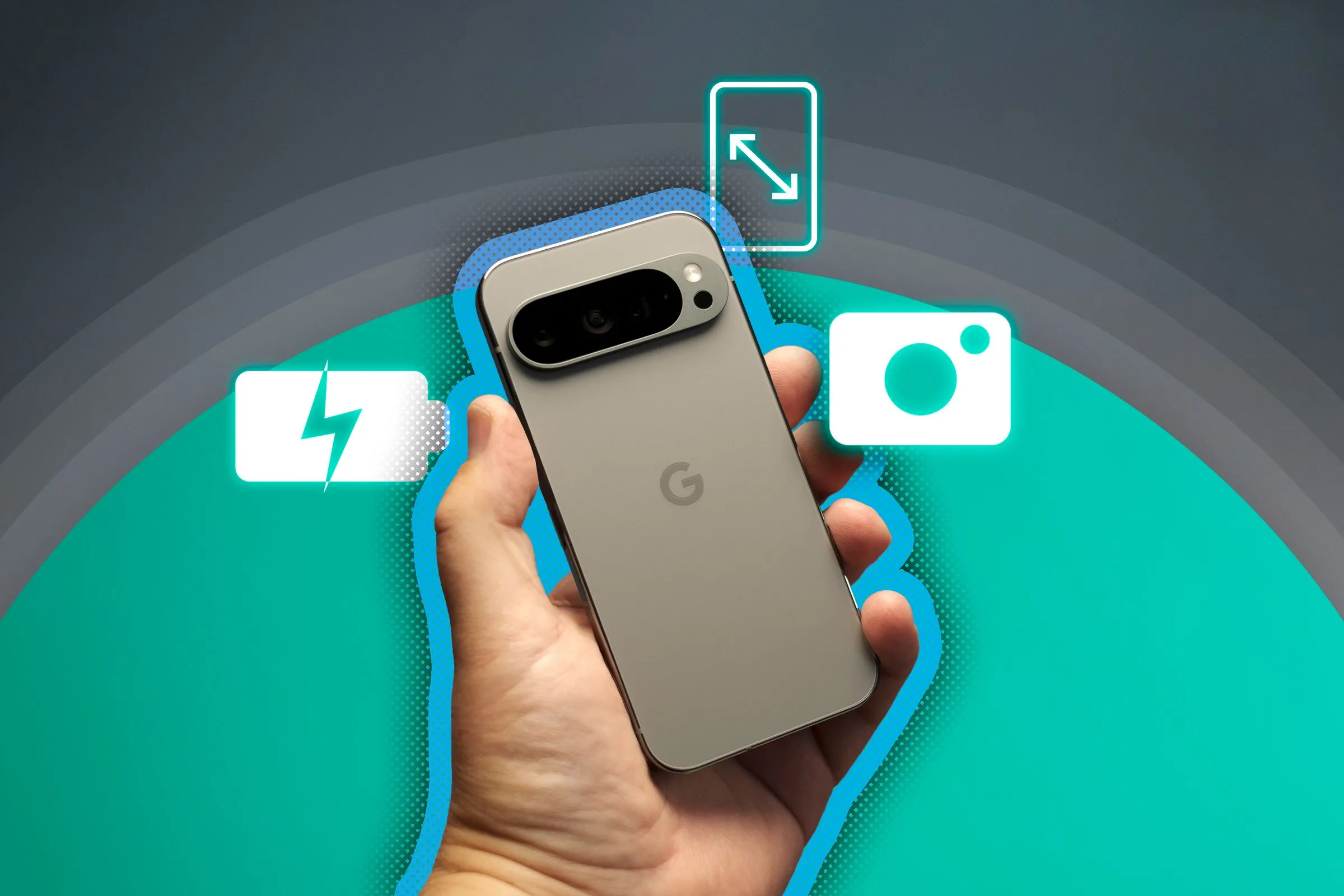 Bàn tay cầm Google Pixel 9 Pro làm nổi bật pin, camera và kích thước màn hình
